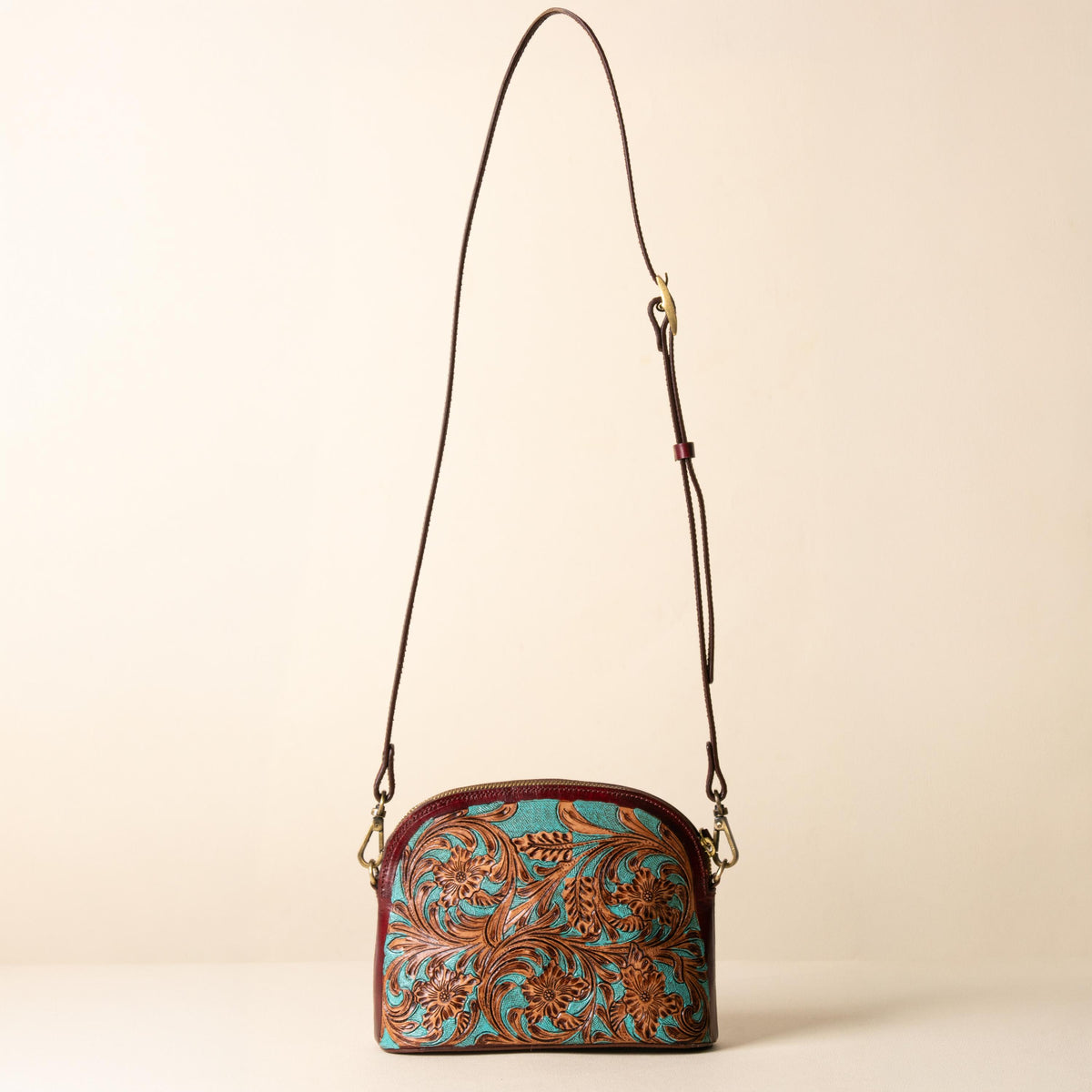 Hand-tooled leather dome crossbody bag with turquoise floral tooling and oxblood trim, photo 8