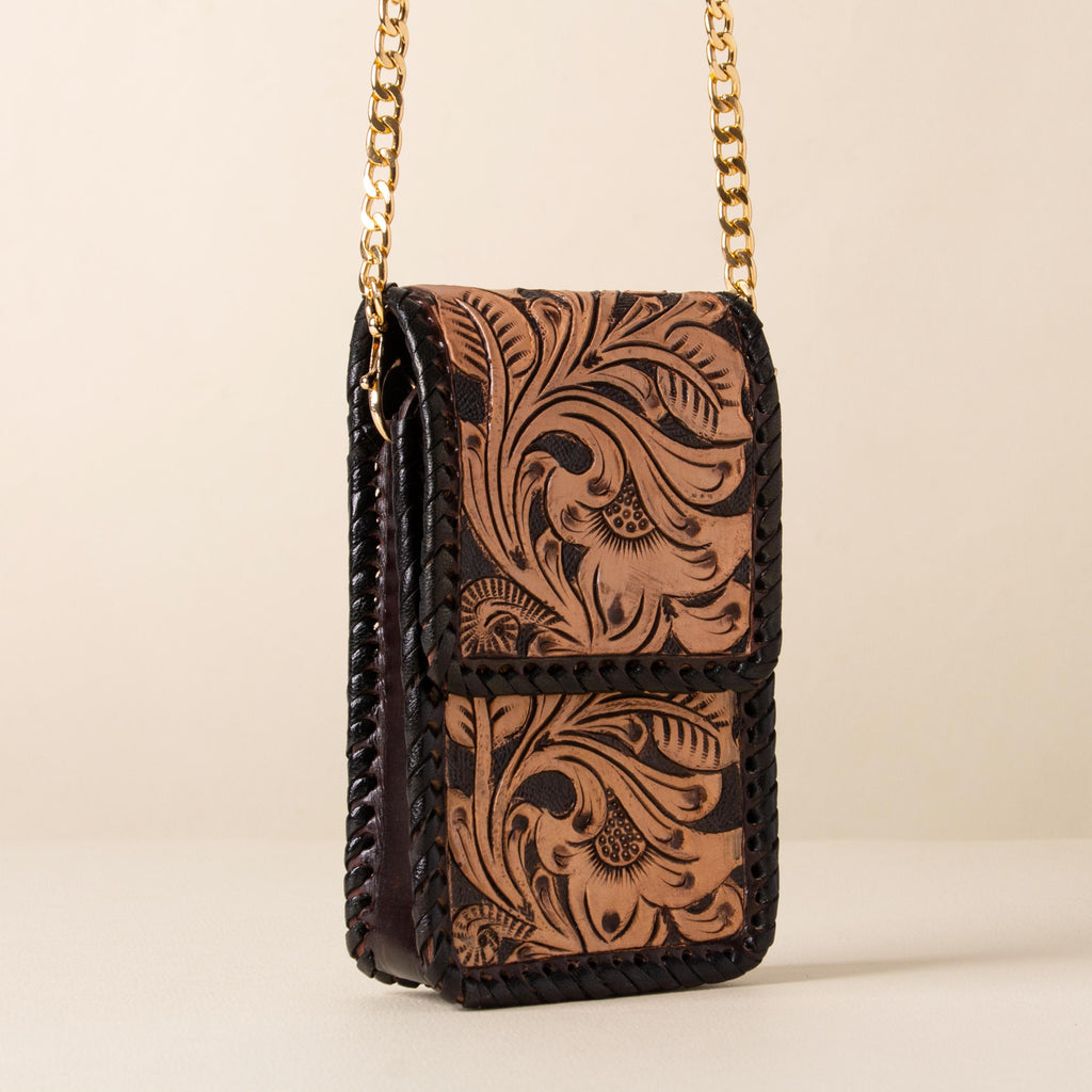 Hand-tooled leather phone bag with western floral design and gold-tone chain strap, photo 4