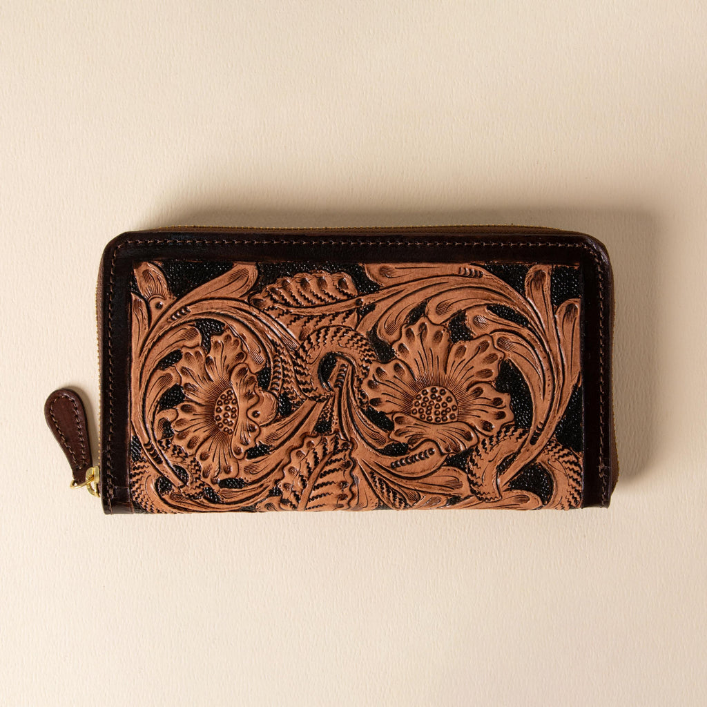 Hand-tooled leather zip-around wallet with cognac floral scrollwork on black leather, photo 4