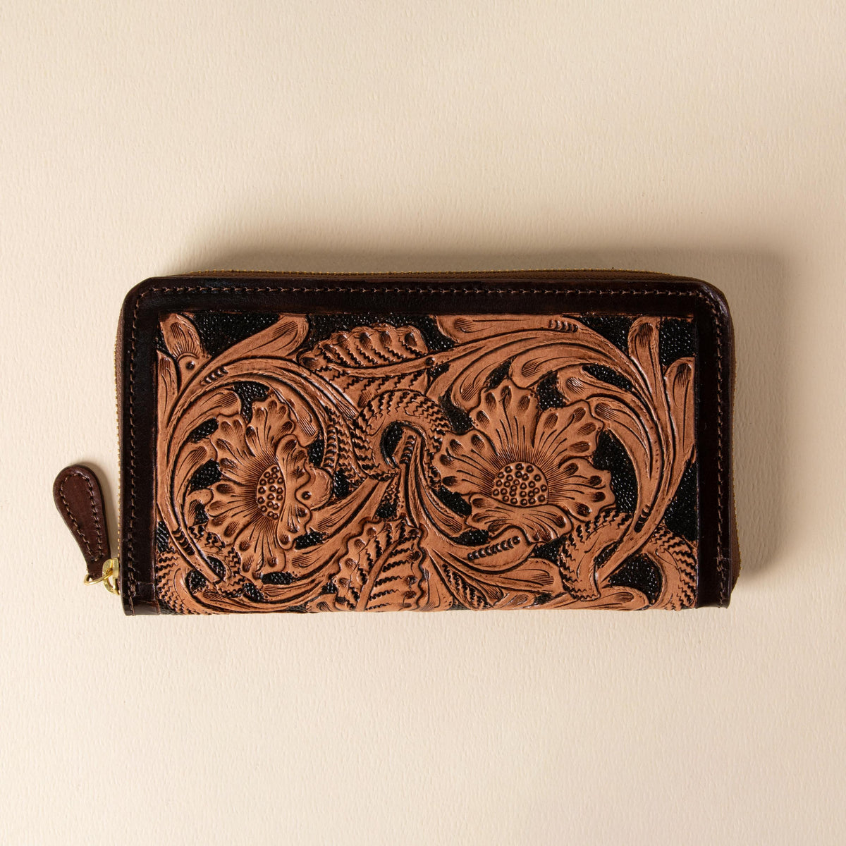 Hand-tooled leather zip-around wallet with cognac floral scrollwork on black leather, photo 4