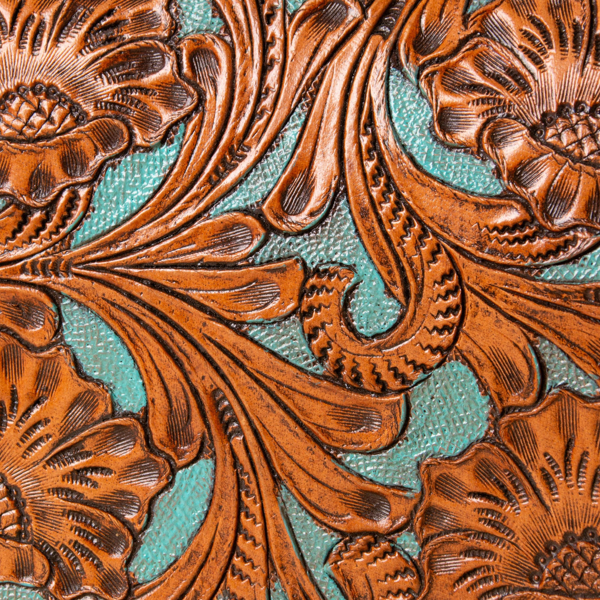 Hand-tooled leather crossbody bag with four floral medallions and braided edge, photo 4