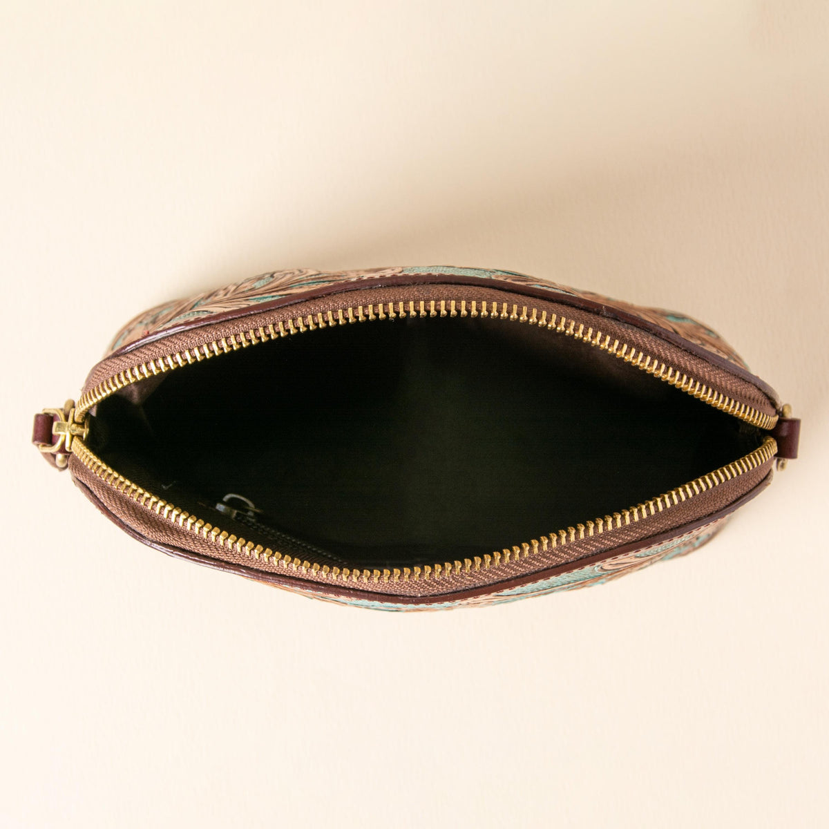 Hand-tooled leather dome crossbody bag with turquoise floral tooling and oxblood trim, photo 6
