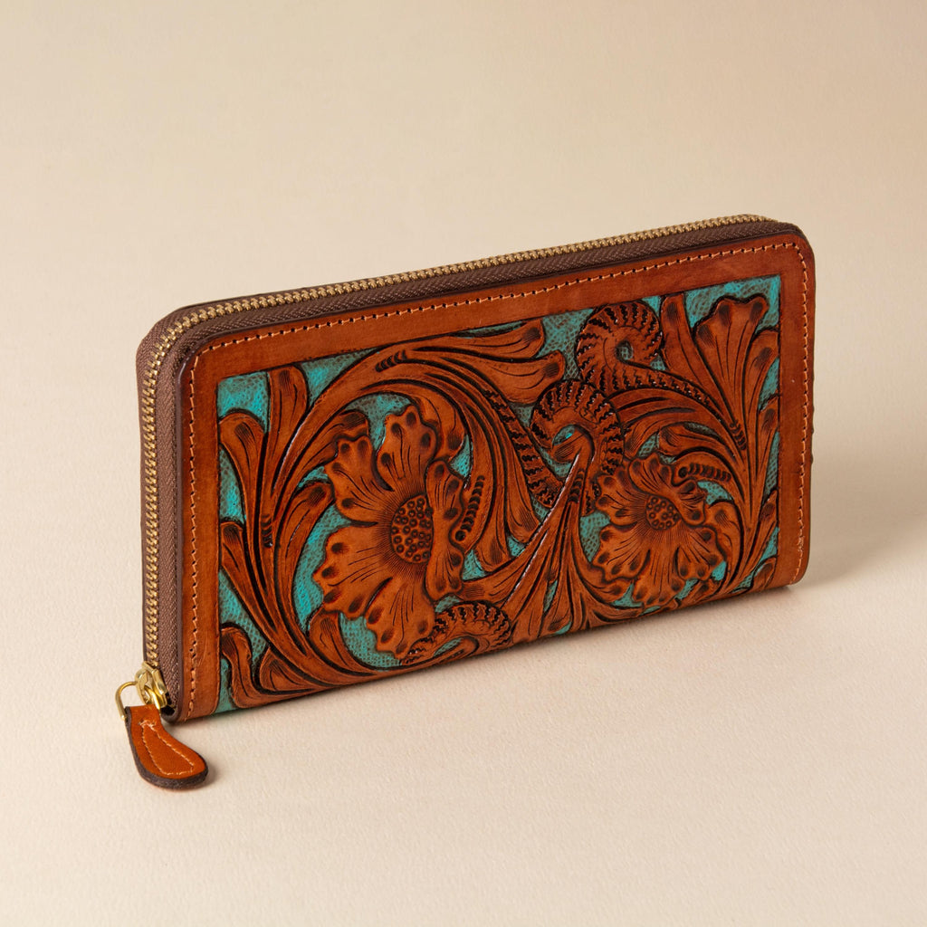 Hand-tooled leather zip-around wallet with cognac floral scrollwork on black leather, photo 9