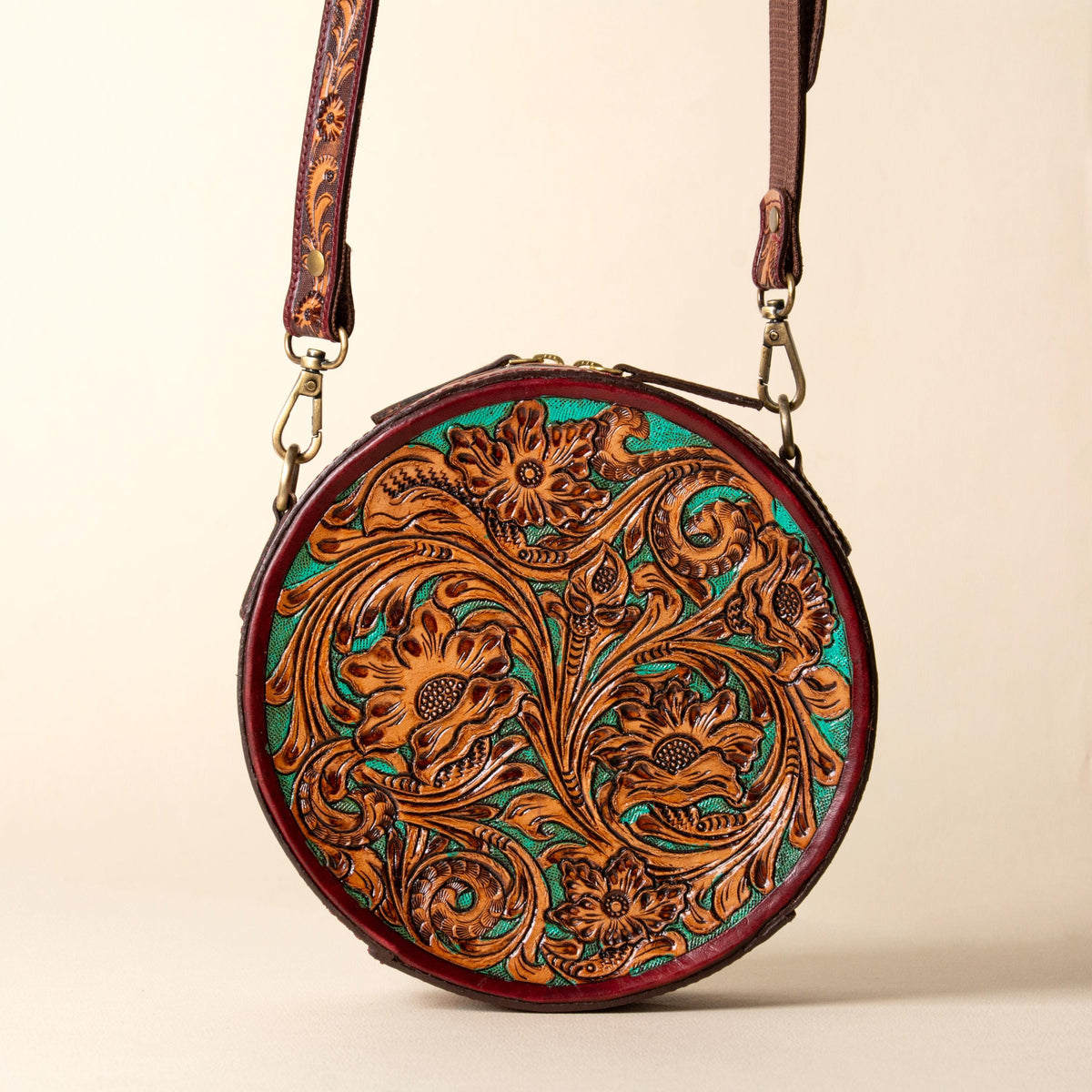 Hand-tooled leather round canteen crossbody bag with turquoise floral scrollwork, photo 7