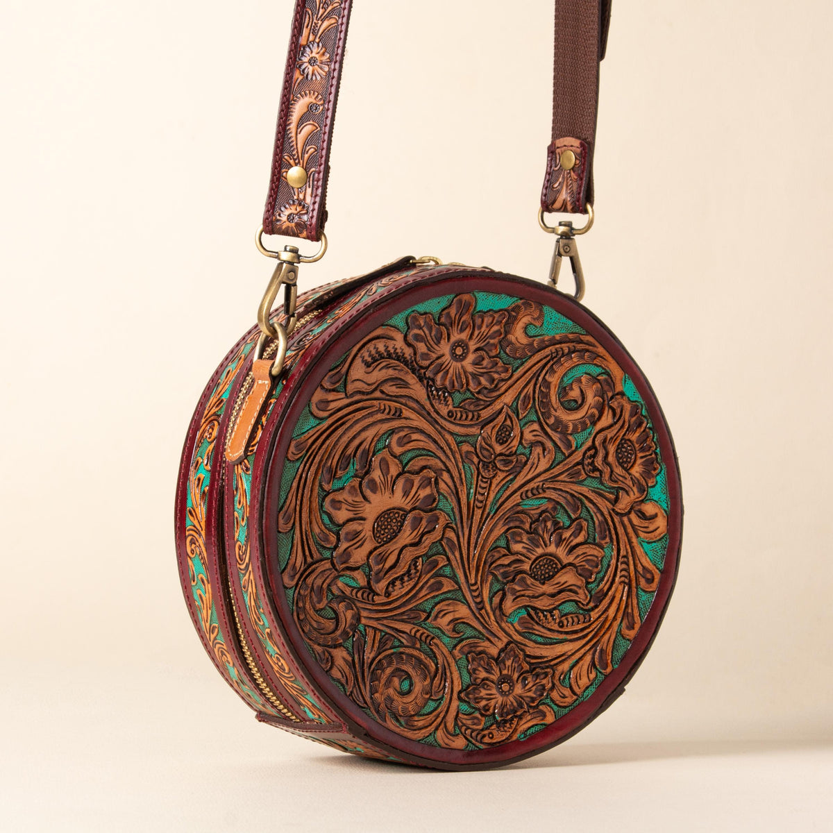 Hand-tooled leather round canteen crossbody bag with turquoise floral scrollwork, photo 8