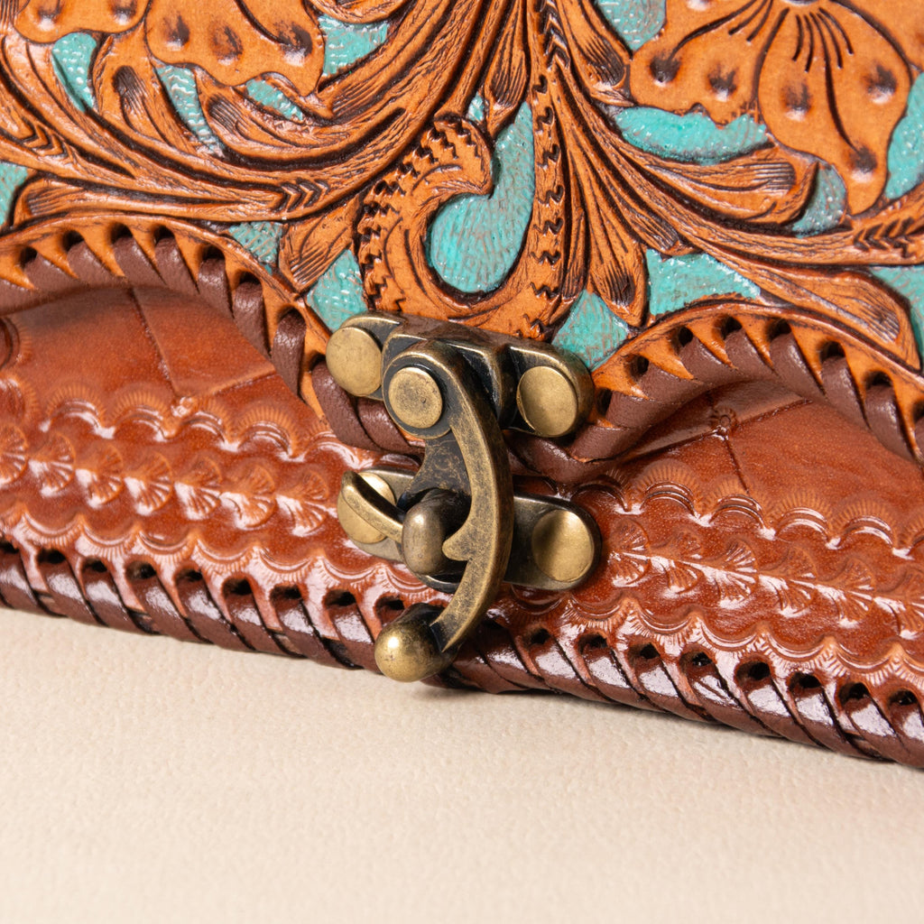 Hand-tooled leather flap crossbody bag with turquoise floral tooling and braided edge, photo 5