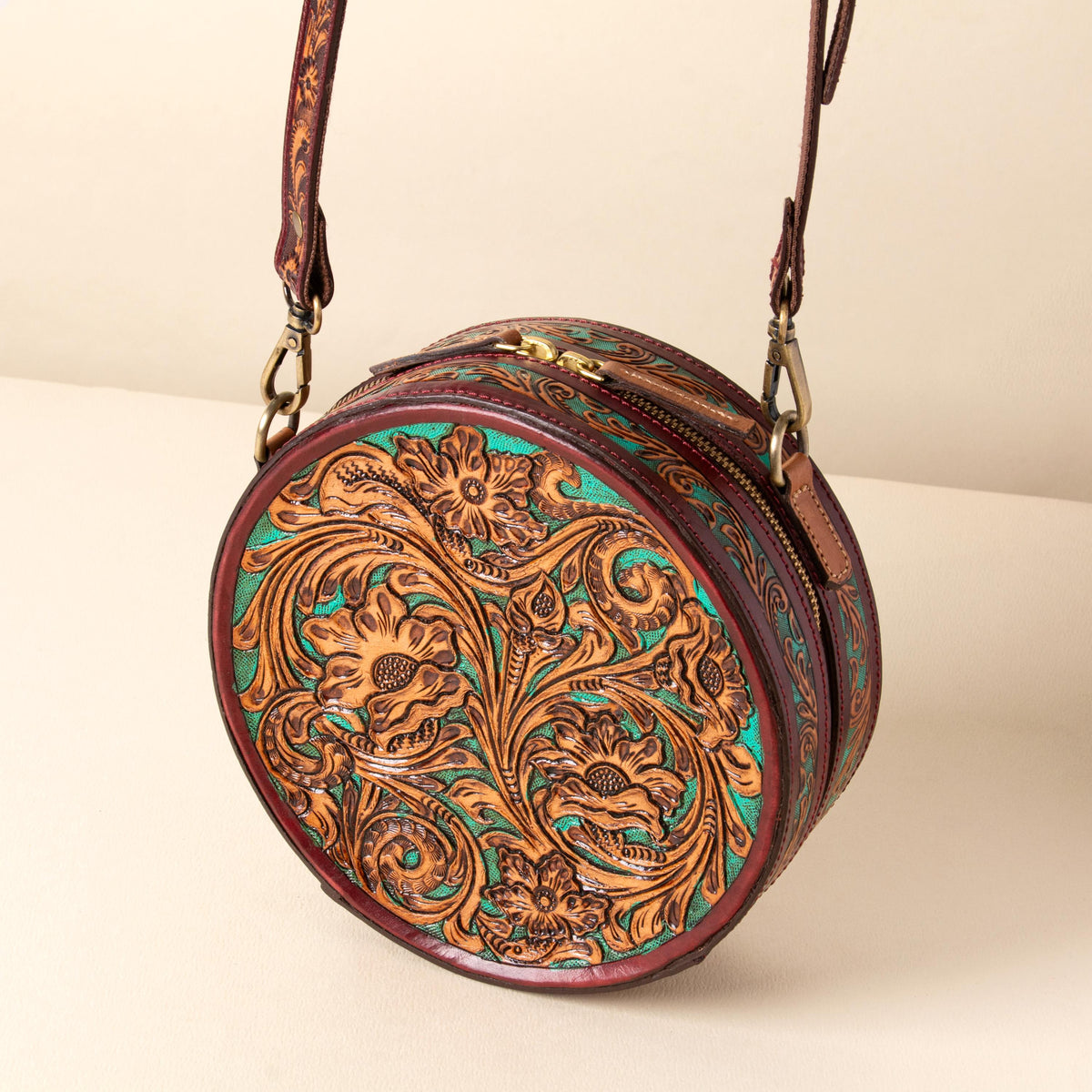 Hand-tooled leather round canteen crossbody bag with turquoise floral scrollwork, photo 9