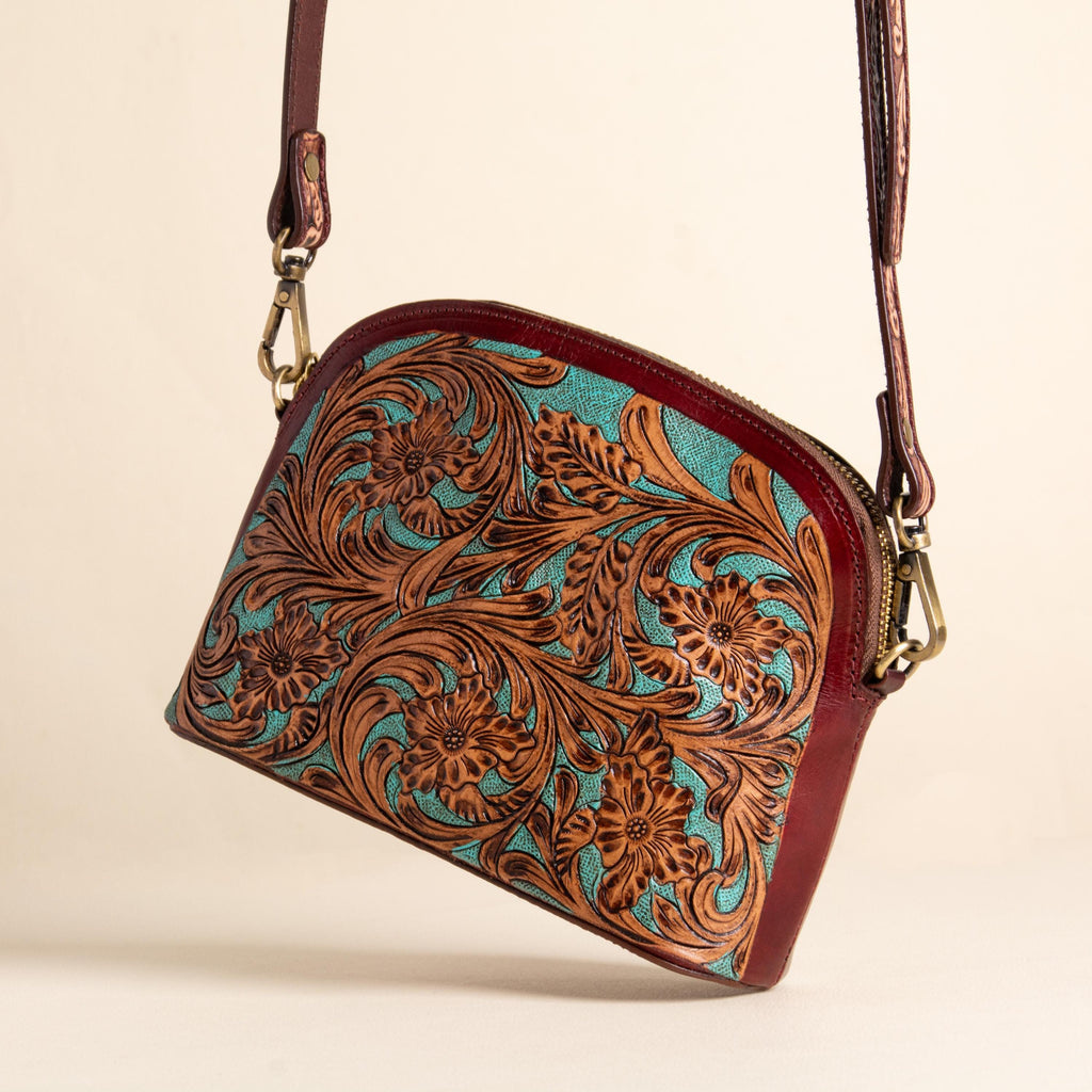 Hand-tooled leather dome crossbody bag with turquoise floral tooling and oxblood trim, photo 9