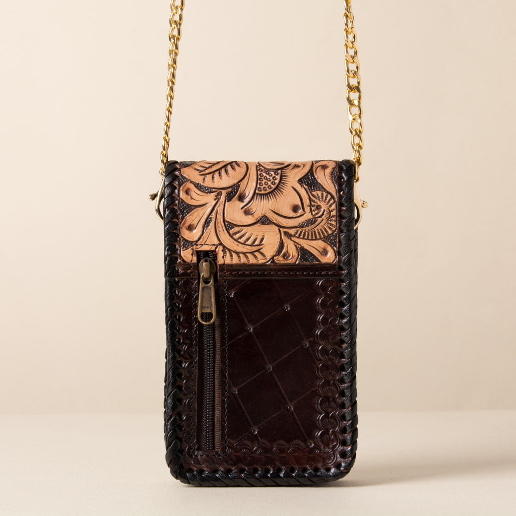 Hand-tooled leather phone bag with western floral design and gold-tone chain strap, photo 7