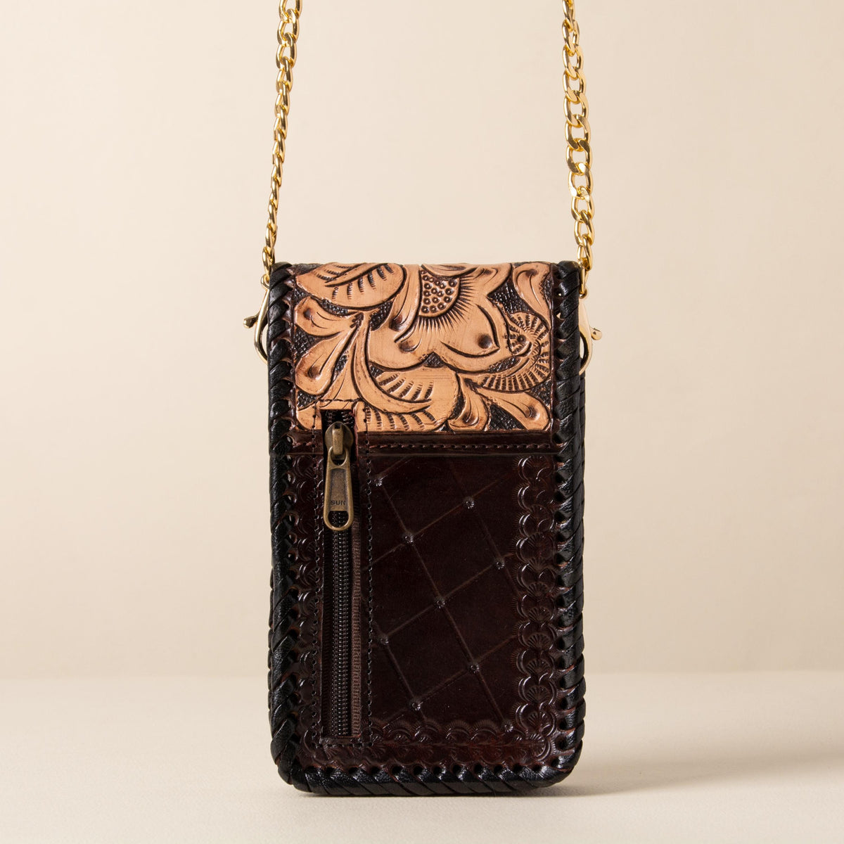 Hand-tooled leather phone bag with western floral design and gold-tone chain strap, photo 7