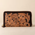 Hand-tooled leather zip-around wallet with cognac floral scrollwork on black leather, photo 1