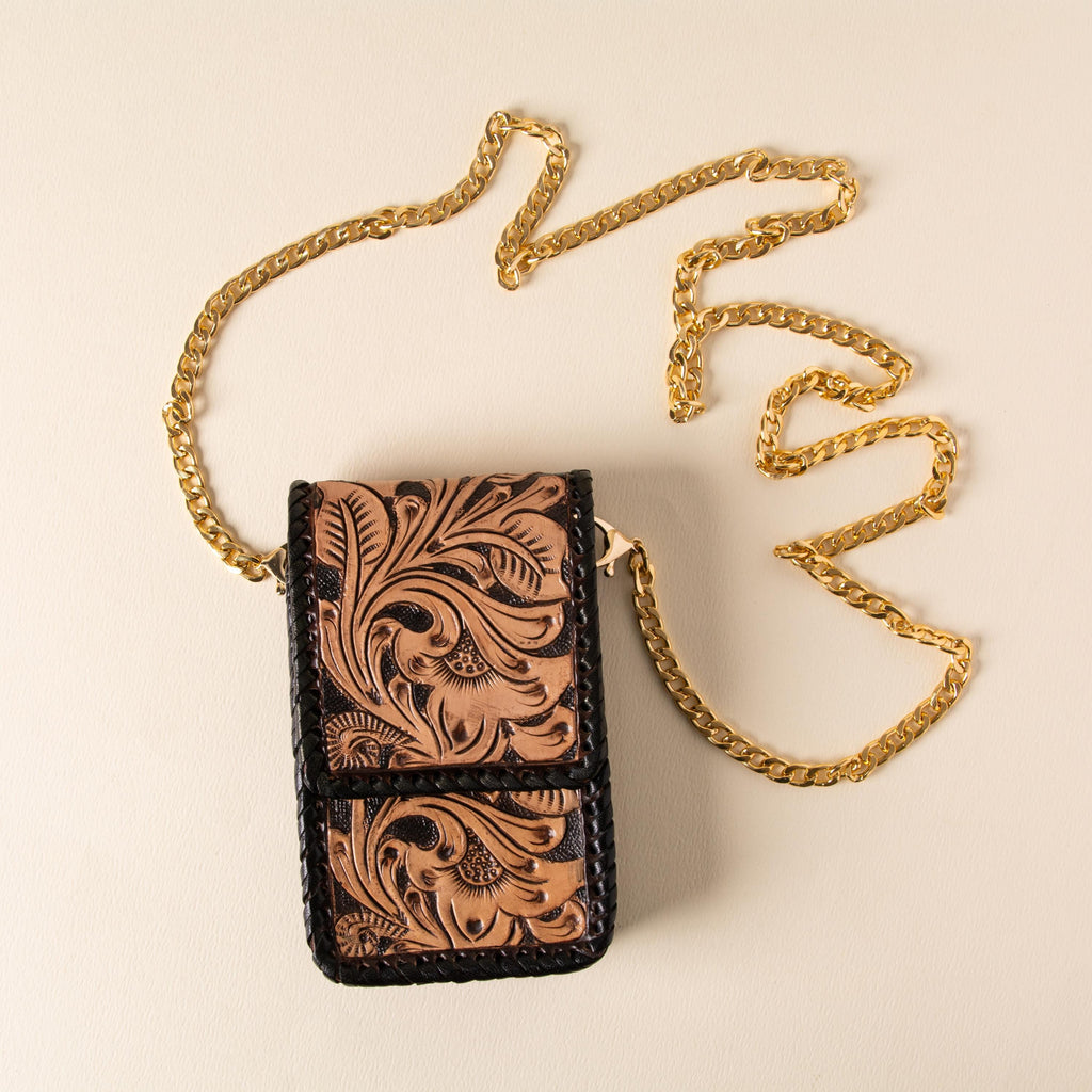 Hand-tooled leather phone bag with western floral design and gold-tone chain strap, photo 10