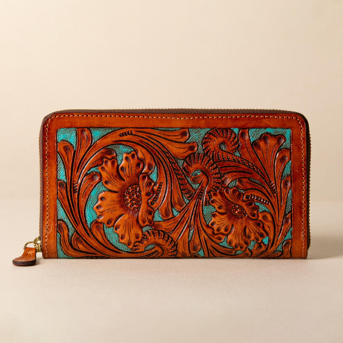 Hand-tooled leather zip-around wallet with cognac floral scrollwork on black leather, photo 2