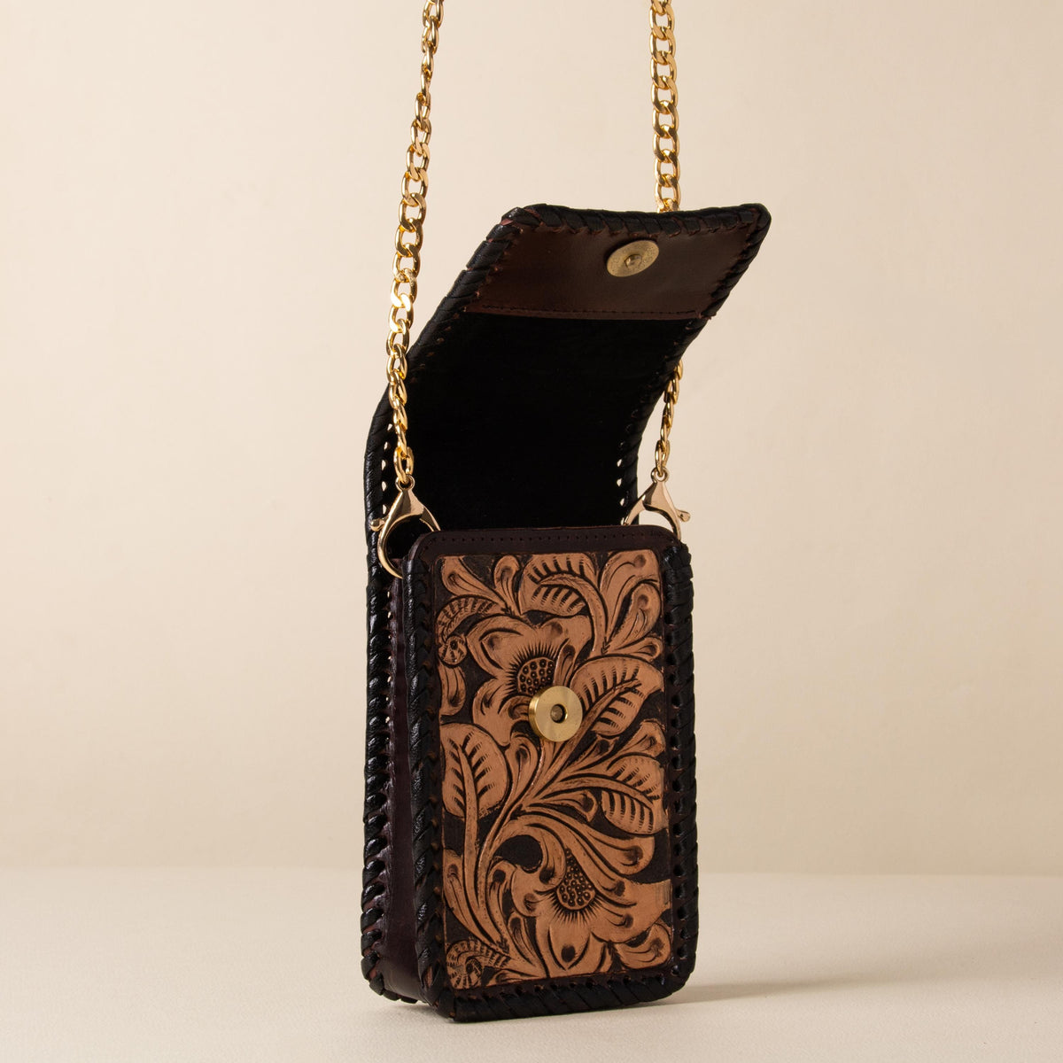 Hand-tooled leather phone bag with western floral design and gold-tone chain strap, photo 6